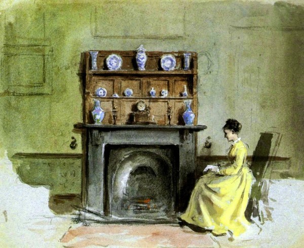 Lady by a fireplace by George Goodwin Kilburne